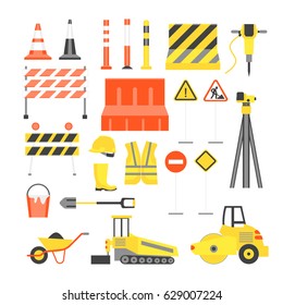 Cartoon Road Construction Color Icons Set Flat Style Design Elements Transportation, Equipment and Street Sign. Vector illustration