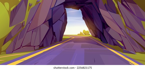 Cartoon road going through tunnel in mountain. Vector illustration of empty speed highway running through rock, perspective view. Travel route, way to destination