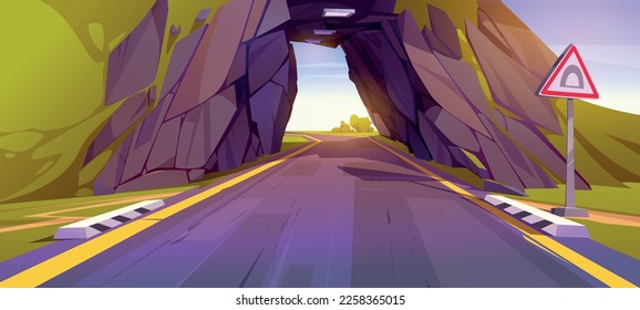 Cartoon road going through tunnel in mountain. Vector illustration of empty speed highway with warning traffic sign running through green hill, perspective view. Travel route, way to destination