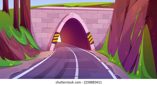 Cartoon road going through tunnel in mountain. Vector illustration of empty speed highway running through rock in forest, perspective view. Travel route, way to destination