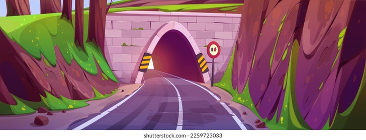 Cartoon road going through tunnel in mountain with warning sign. Vector illustration of empty speed highway running through rock in forest, perspective view. Travel route, way to destination