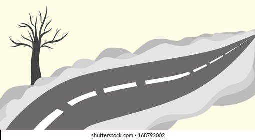 Cartoon road with a lone tree on the roadside