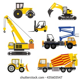 Cartoon road machinery illustration. Flat vector icons of construction vehicles