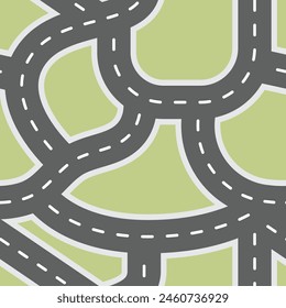 Cartoon road map seamless pattern. Top view of streets vector graphic illustration. Repeat background for children.