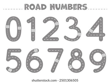 Cartoon road numbers from 1 to 9, vector illustration. Children educational cards for learning numbers. 