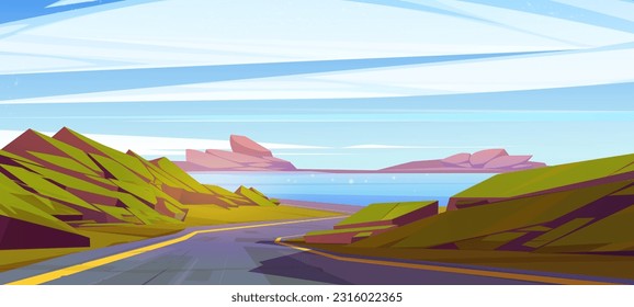 Caricatura de la ruta hacia la ilustración de los vectores costeros oceánicos. Autopista de cielo y asfalto al mar en la soleada escena de las vacaciones. Ataque marino vacío con rocas y entorno natural. Fondo serpentino de la carretera