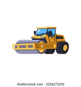 Cartoon road roller isolated on white. Construction equipment. Vector illustration of element for engineering. Machinery, building work concept