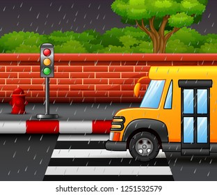 Cartoon of road scene with school bus and heavy rain