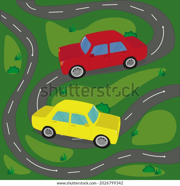 Cartoon Road Traffic Graphic\
Scene. Red And Yellow Toy Car Vector Illustration Road\
Pattern