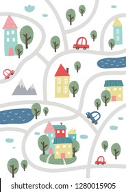 Cartoon roads with house, tree and car for kids. Vector maze cartoon poster. You can use it to print on the carpet for the decor of the children's room.