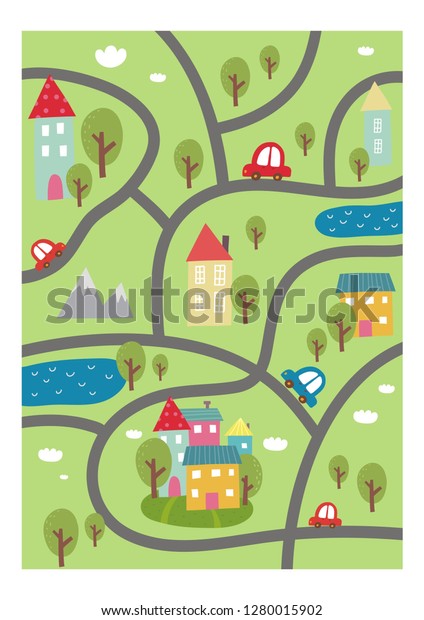 Cartoon Roads House Tree Car Kids Stock Vector (royalty Free 