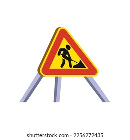 Cartoon roadwork sign isolated on white. Vector illustration of construction equipment. Building work concept