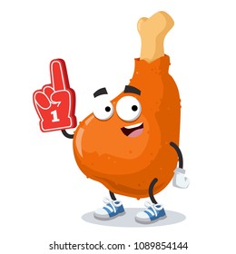 cartoon roast chicken leg character mascot with the number 1 one sports fan hand glove on a white background