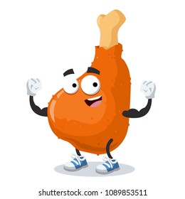 cartoon roast chicken leg mascot shows its strength on a white background