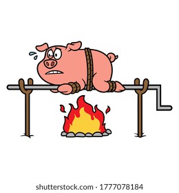 Cartoon Roast Pig on a Spit Illustration