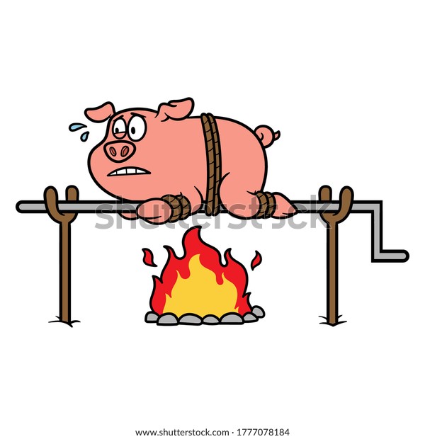 Cartoon Roast Pig on a\
Spit Illustration