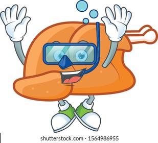 Cartoon roast turkey in the character shape diving