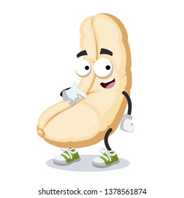 cartoon roasted cashew nut kernel mascot showing himself on a white background