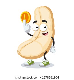 cartoon roasted cashew nut kernel mascot keeps the coin on white background