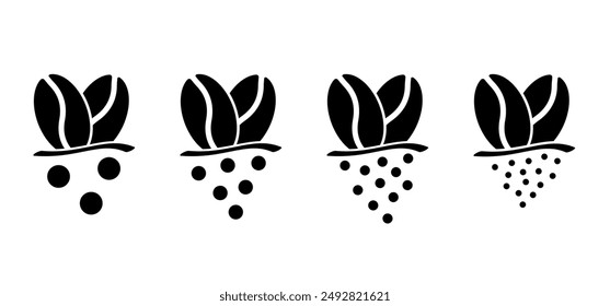 Cartoon roasted coffee beans pictogram. Coffee bean grind, size chart grains. For mug or cup. For coffee percolator. Coarse, medium or fine progress bar, loading. Manual coffee grinder. Size grinding.