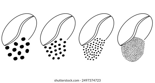 Cartoon roasted coffee beans pictogram. Coffee bean grind, size chart grains. For mug or cup. For coffee percolator. Coarse, medium or fine progress bar, loading. Manual coffee grinder.