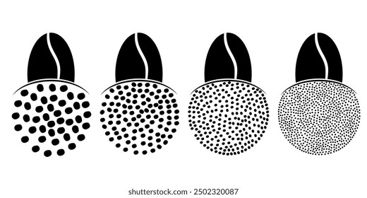 Cartoon roasted coffee beans pictogram. Coffee bean grind, size chart grains. For mug or cup. For coffee percolator. Coarse, medium or fine progress bar, loading. Manual coffee grinder.
