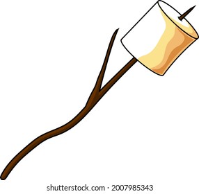 Cartoon Roasted Marshmallow On Wooden Stick. Vector Hand Drawn Illustration Isolated On Transparent Background