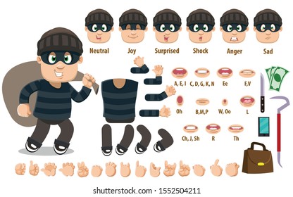 Cartoon robber constructor for animation. Parts of body: legs, arms, face emotions, hands gestures, lips sync. Full length, front, three quater view. Set of ready to use poses, objects.