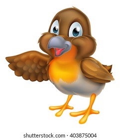A cartoon robin bird character pointing with their wing