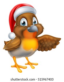 A cartoon robin bird in a Christmas Santa Claus hat pointing with their wing