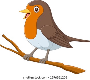 Cartoon robin bird sitting on a tree branch
