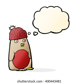caricatura robin in hat con burbuja del pensamiento