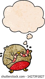 cartoon robin with worm with thought bubble in grunge texture style