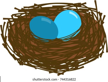 Cartoon Robin's nest made of twigs with two blue robin's eggs. Hand drawn vector