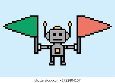 Robot de dibujos animados ai chat bot robótico con 8 bits de fondo de juguete humanoide ingeniero de automatización de negocios cyborg pixel art.