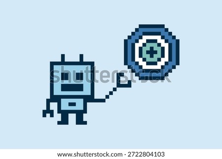 Cartoon robot ai chat bot robotic with 8 bit background toy humanoid engineer business automation cyborg pixel art.