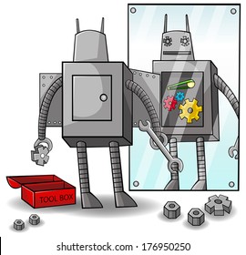 A Cartoon Robot Android Cyborg Is Fixing Or Upgrading Itself In The Mirror To Clear Weakness And Gain Superiority Development. Creative Concept Is About Self Awareness And Self Improvement. (vector) 