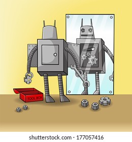 A cartoon robot android cyborg is fixing or upgrading itself in the mirror to clear weakness and gain superiority development. Creative concept is about self awareness and self improvement. (vector) 