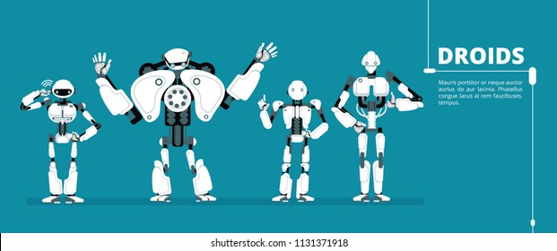 Cartoon robot android, cyborg group. Artificial intelligence vector futuristic background. Ai robotic, cyber and cyborg robot, android humanoid machine illustration