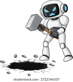 Cartoon robot with angry face breaking ground using sledgehammer, dynamic vector illustration style