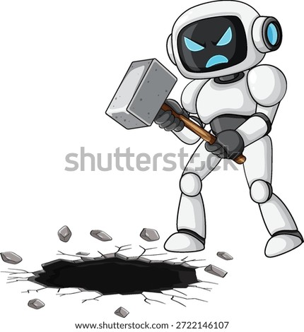 Cartoon robot with angry face breaking ground using sledgehammer, dynamic vector illustration style