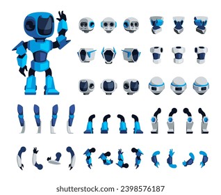 Cartoon robot animation kit. Cibernetica robot pose for frame sequence, electric machine parts and constructors, robot poses and gestures. Vector isolated set. Artificial intelligence constructor