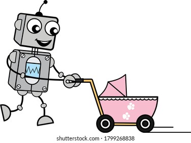 Robot de dibujos animados con caracteres de carrito de bebé Ilustración de diseño