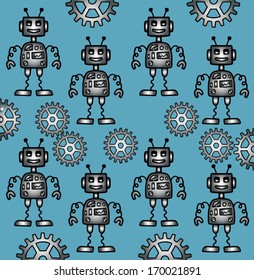 Cartoon robot background, hand drawn sketch, vector illustration