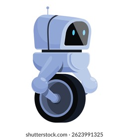 Cartoon robot balancing on one wheel, featuring a sleek design and an antenna