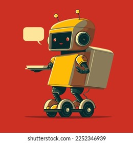 Cartoon robot with a box in his hand. Vector flat color cartoon style illustration.