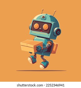 Cartoon robot with a box in his hand. Vector flat color cartoon style illustration.