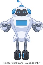 cartoon robot character with friendly expression and pointing down pose