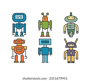 cartoon robot character icons set