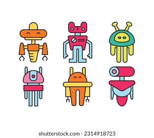 cartoon robot character icons set
